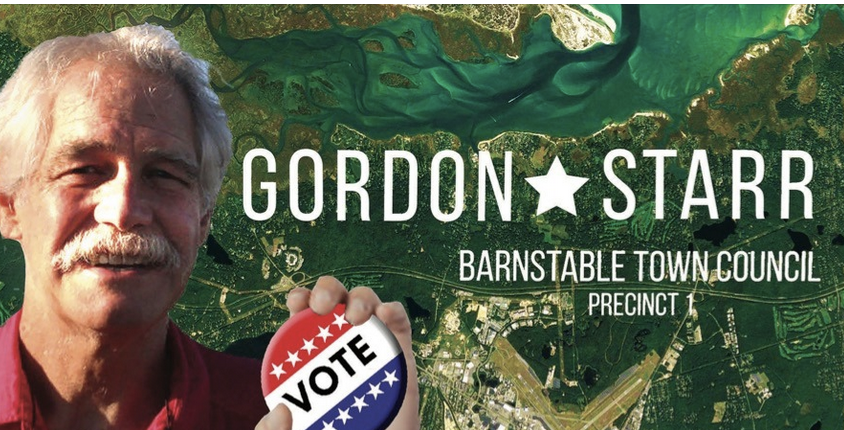 Gordon Starr with Vote Button on a backgroudn of Barnstable Harbor satellite image